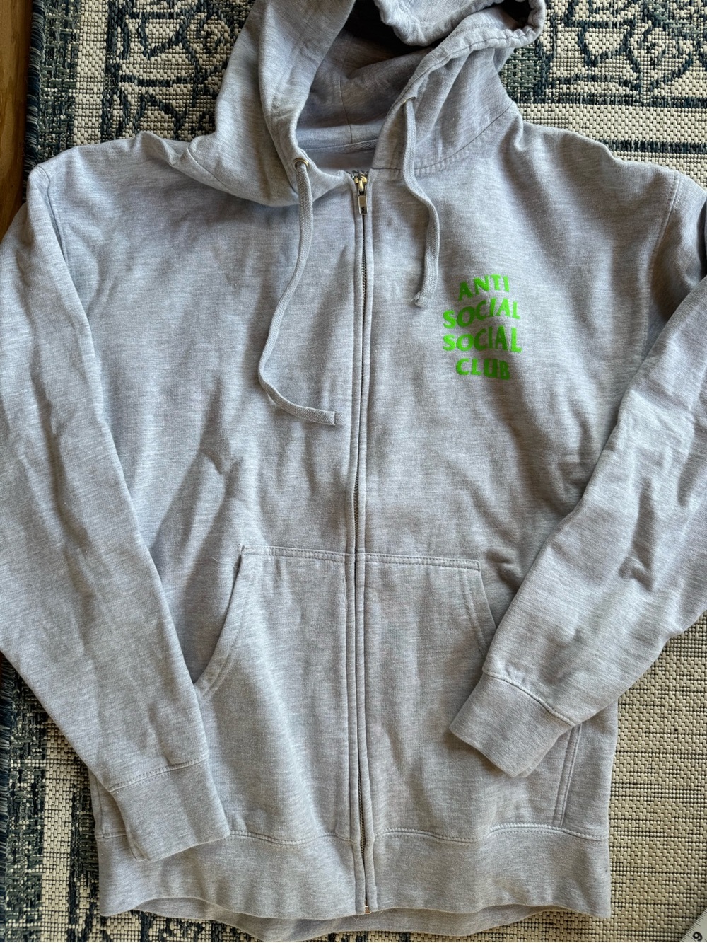 Anti Social Social Club Grey Zip Hoodie with Neon Green Logo Unisex Size Large